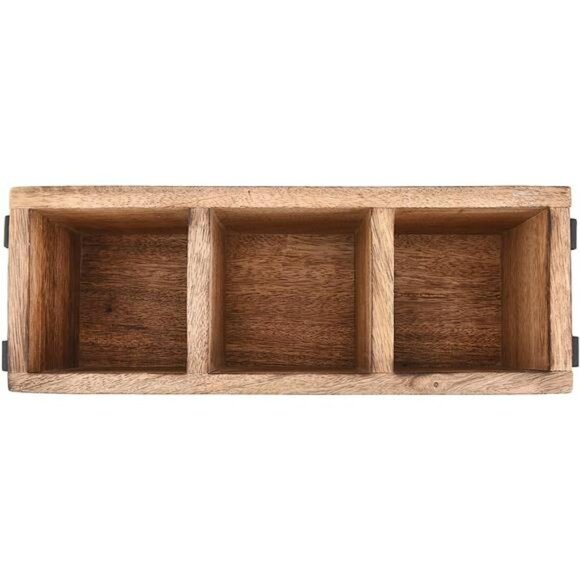 Mango wood utensil holder kitchen drawer organizer rustic cutlery storage caddy - Picture 5 of 6
